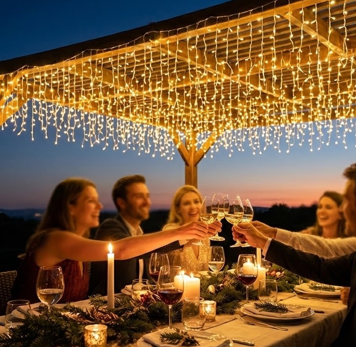 Guirnaldas LED tipo lluvia decorando ventana en Navidad